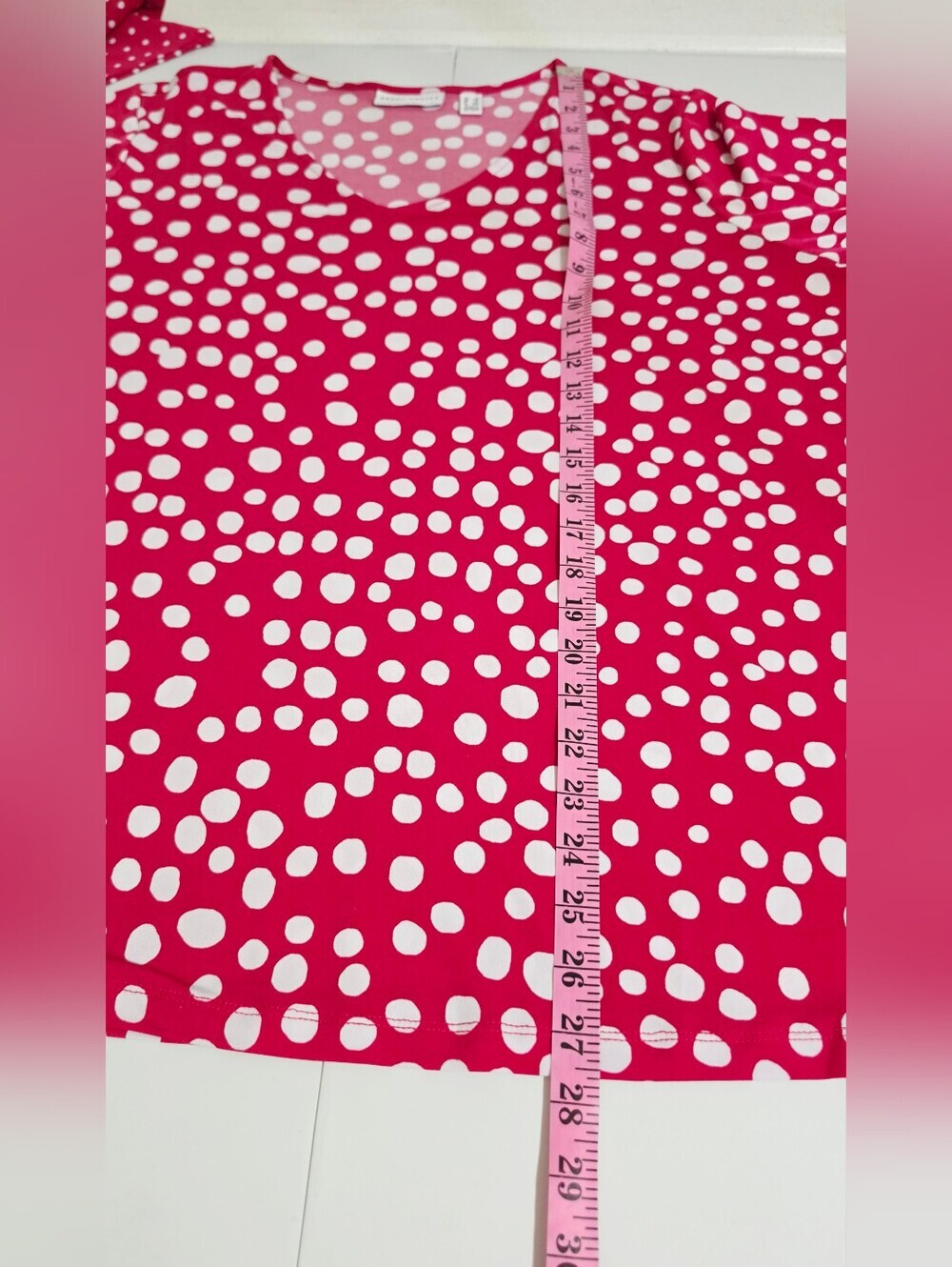 Susan Graver 1X Liquid Knit Tunic Top Pink White Polka Dot Bell Sleeve Stretch - Picture 8 of 11